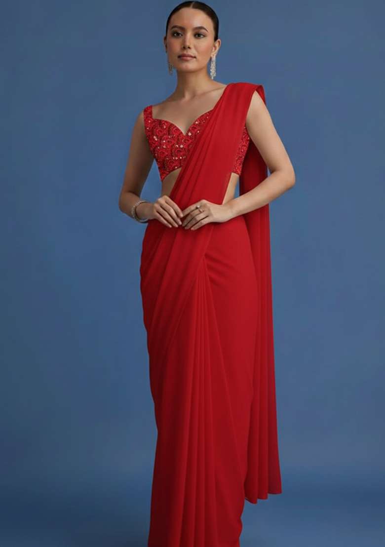 Red Embroidered Net Pre Draped Saree Set - Indya