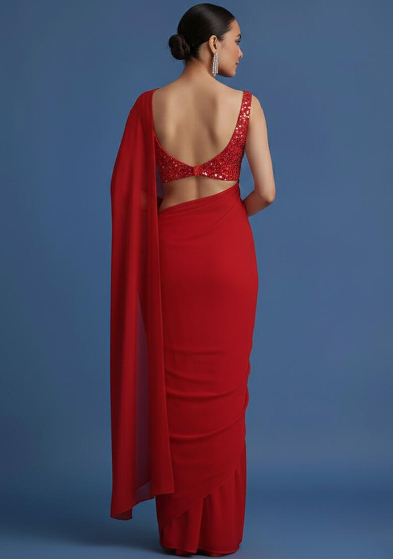 Red Embroidered Net Pre Draped Saree Set - Indya