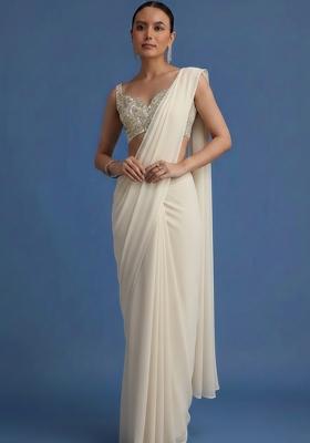 Cream Embroidered Net Pre Draped Saree Set