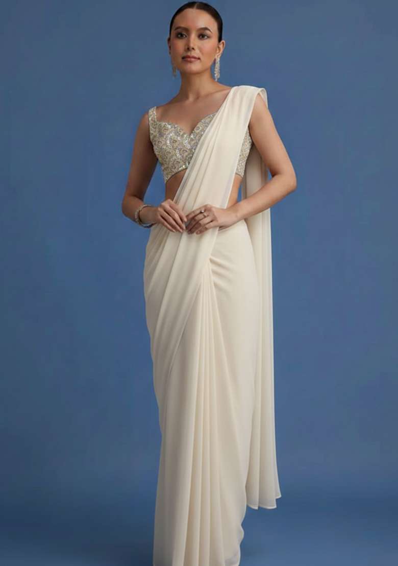 Cream Embroidered Net Pre Draped Saree Set - Indya