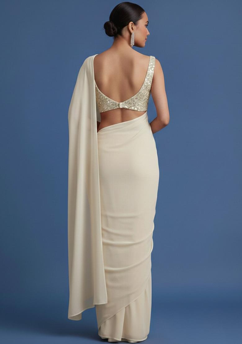 Cream Embroidered Net Pre Draped Saree Set - Indya