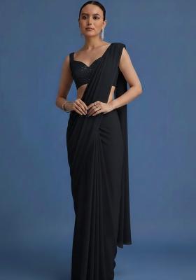 Black Embroidered Net Pre Draped Saree Set