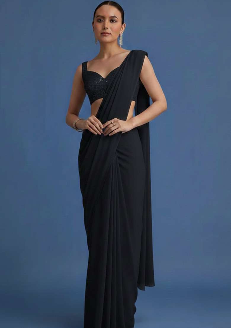 Black Embroidered Net Pre Draped Saree Set - Indya