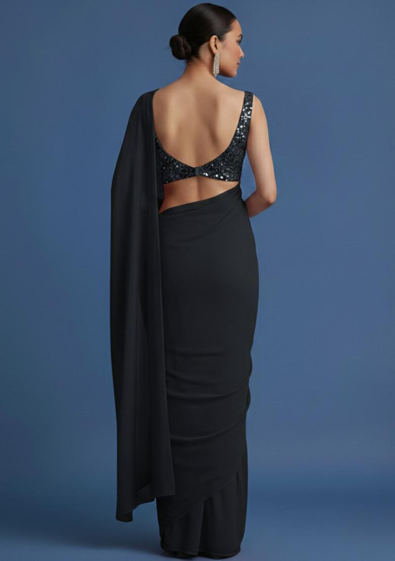 Black Embroidered Net Pre Draped Saree Set - Indya