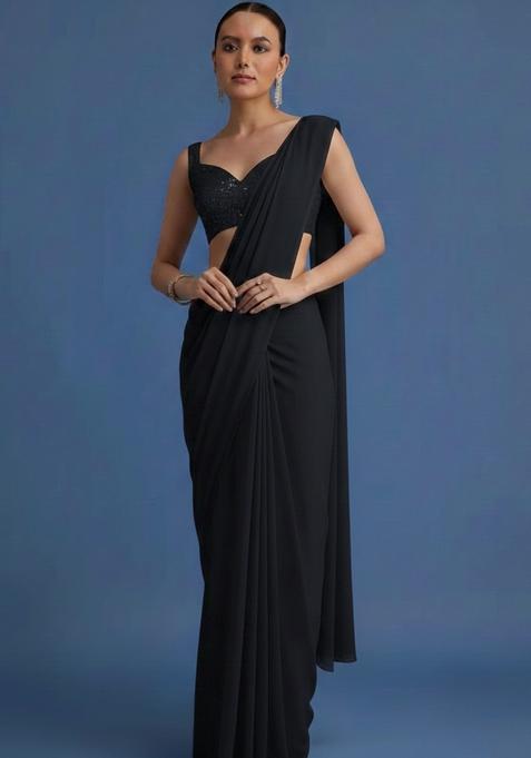 Black Embroidered Net Pre Draped Saree Set