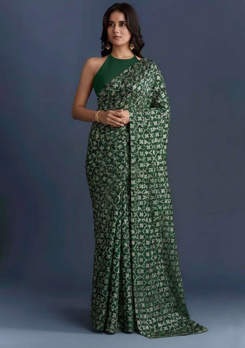 Green Silk Pre Draped Saree Set - Indya