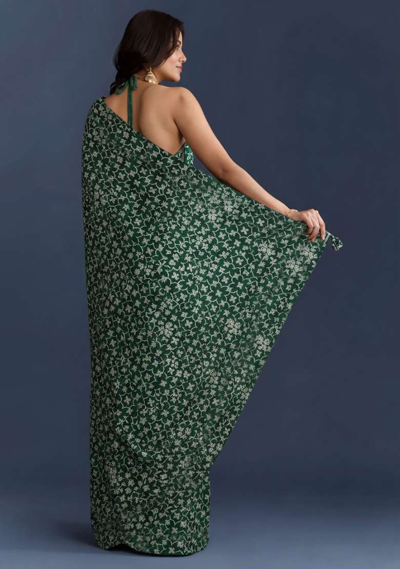 Green Silk Pre Draped Saree Set - Indya