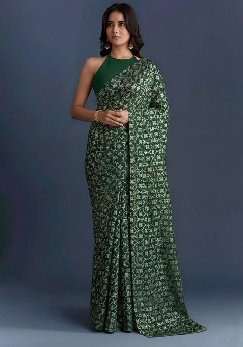 Green Silk Pre Draped Saree Set