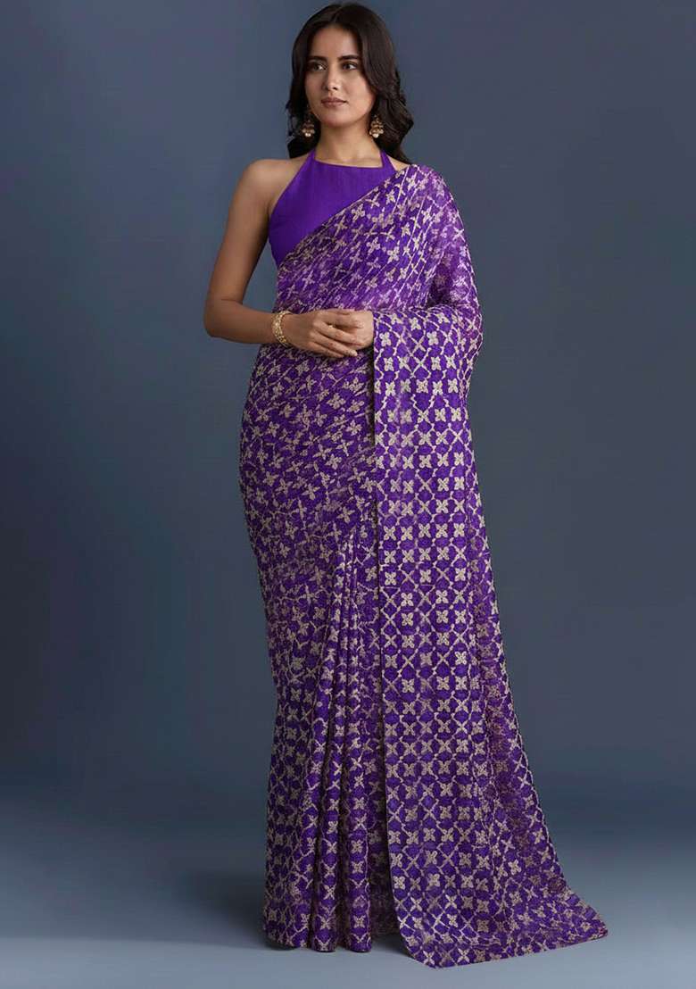Purple Silk Pre Draped Saree Set - Indya