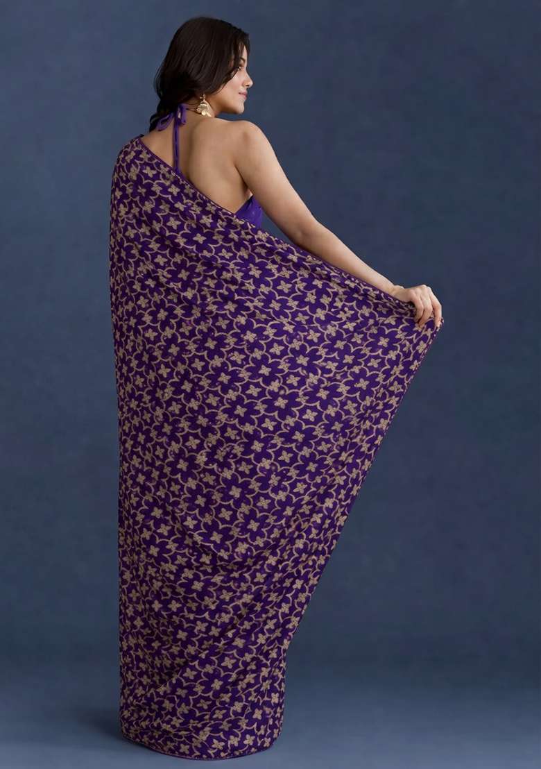 Purple Silk Pre Draped Saree Set - Indya