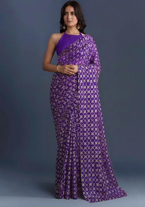 Purple Silk Pre Draped Saree Set