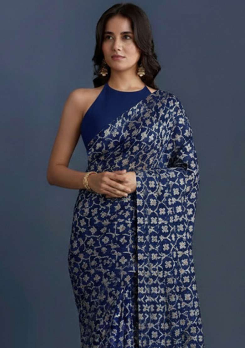 Navy Blue Silk Pre Draped Saree Set - Indya