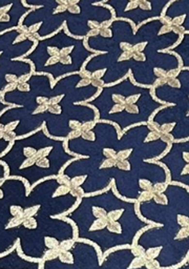 Navy Blue Silk Pre Draped Saree Set - Indya