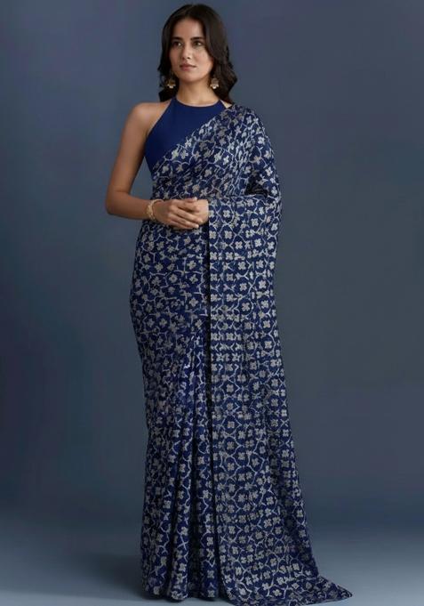 Navy Blue Silk Pre Draped Saree Set