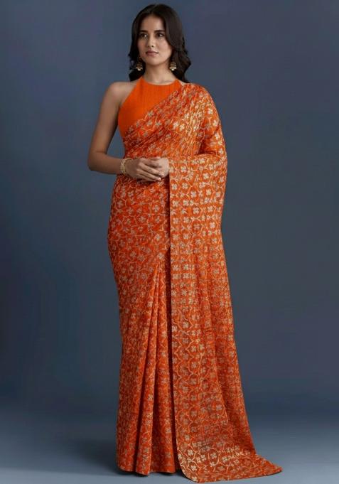 Orange Silk Pre Draped Saree Set
