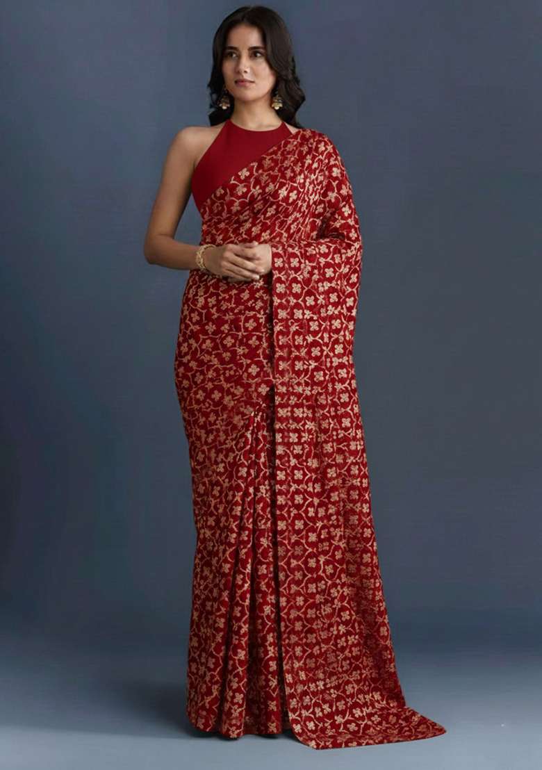 Deep Red Silk Pre Draped Saree Set - Indya