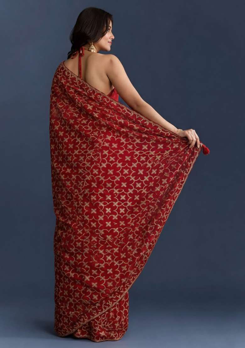 Deep Red Silk Pre Draped Saree Set - Indya