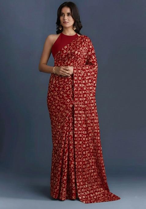 Deep Red Silk Pre Draped Saree Set