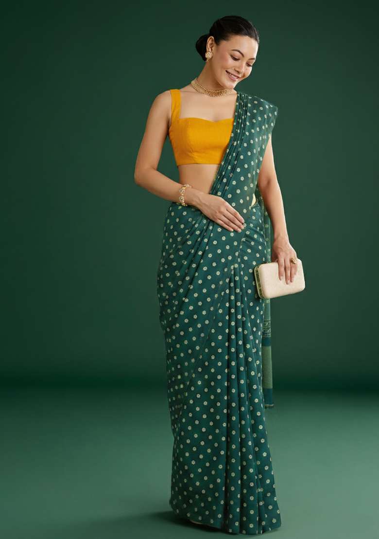 Dark Green Silk Pre Draped Saree Set - Indya