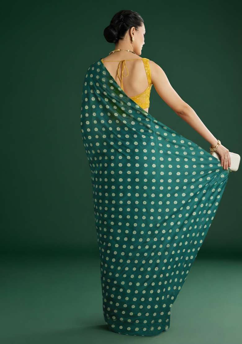 Dark Green Silk Pre Draped Saree Set - Indya