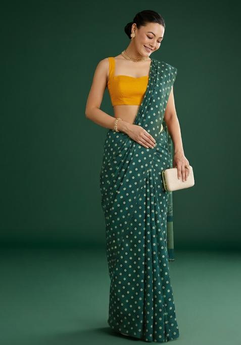 Dark Green Silk Pre Draped Saree Set