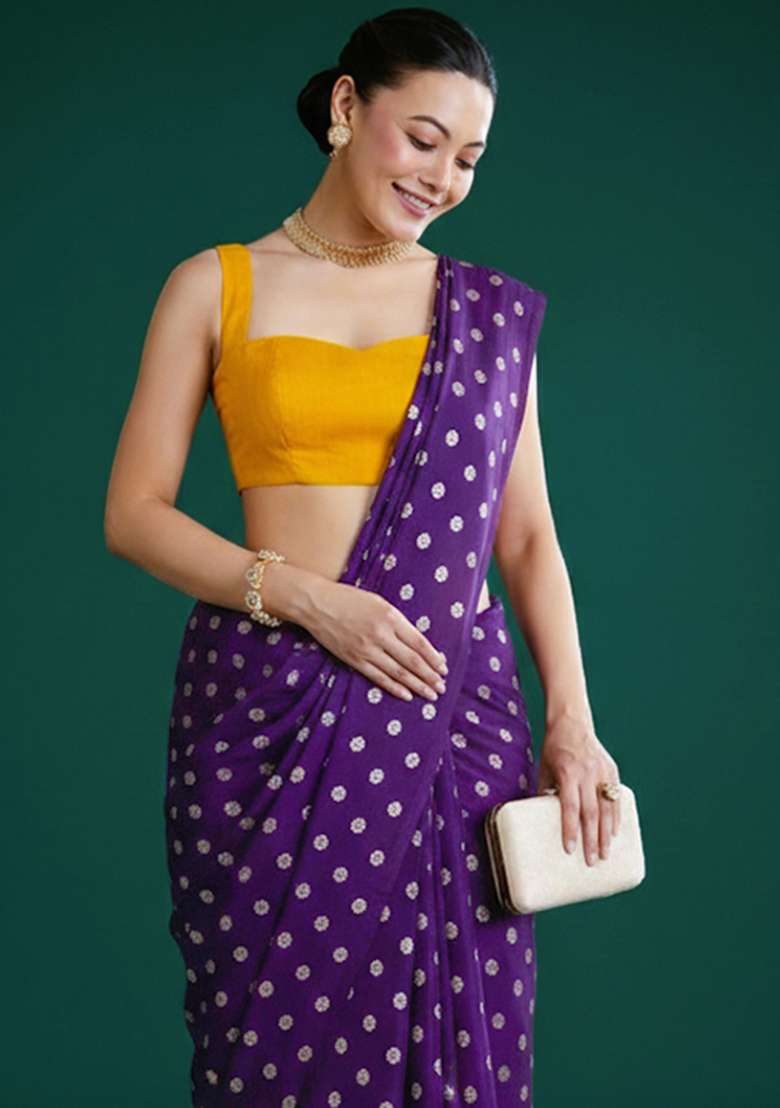 Deep Purple Silk Pre Draped Saree Set - Indya
