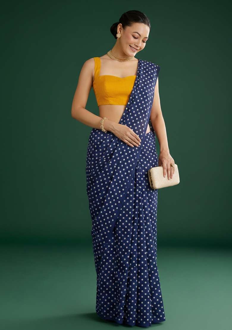 Navy Blue Silk Pre Draped Saree Set - Indya