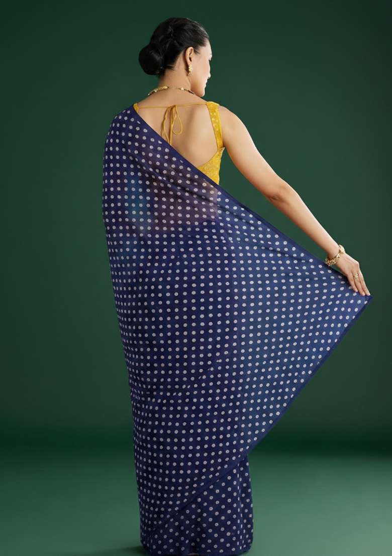 Navy Blue Silk Pre Draped Saree Set - Indya