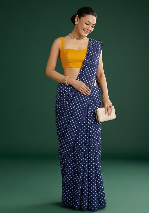 Navy Blue Silk Pre Draped Saree Set