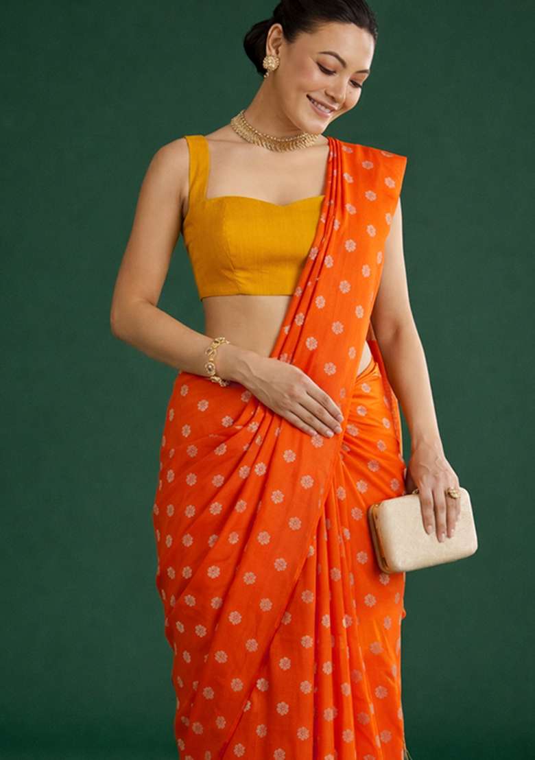 Orange Silk Pre Draped Saree Set - Indya