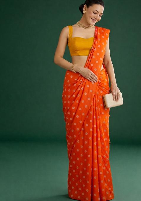 Orange Silk Pre Draped Saree Set