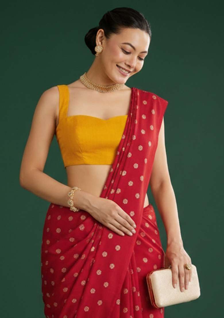 Red Silk Pre Draped Saree Set - Indya