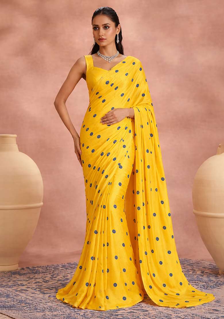 Yellow Printed Satin Pre Draped Saree Set - Indya