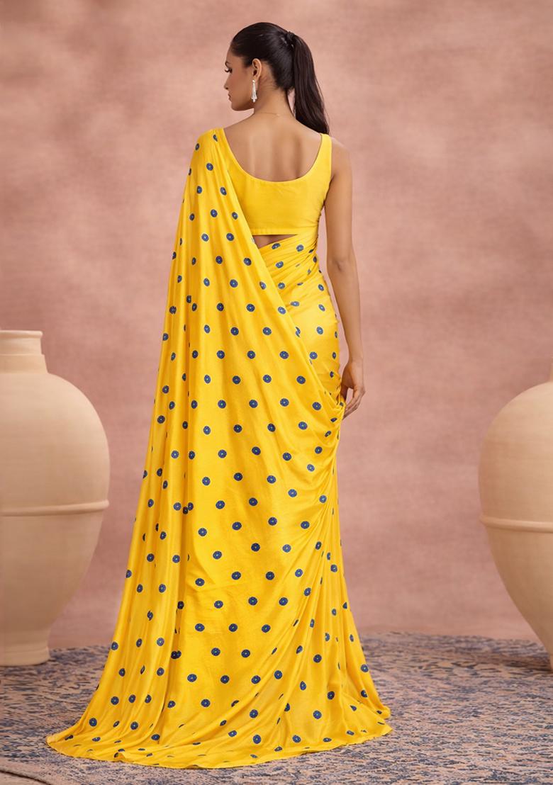Yellow Printed Satin Pre Draped Saree Set - Indya