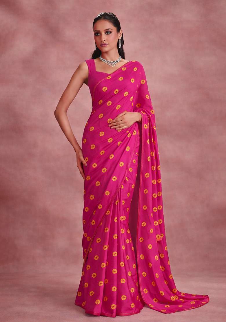 Rani Pink Printed Satin Pre Draped Saree Set - Indya