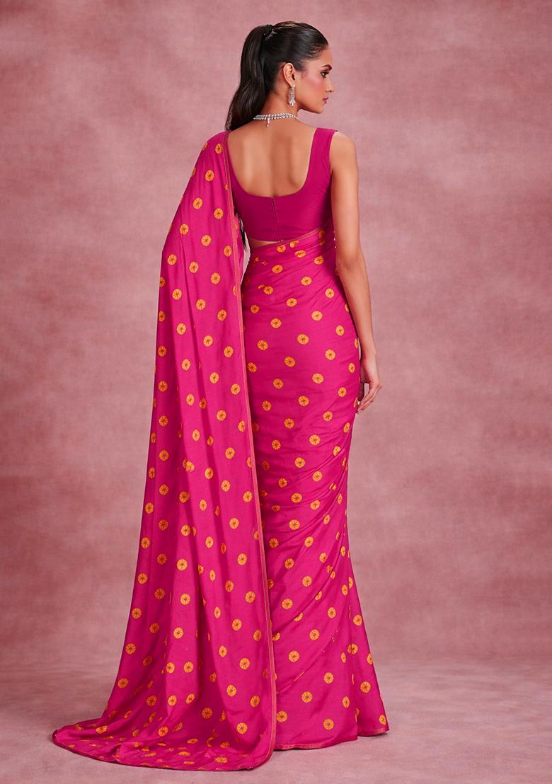 Rani Pink Printed Satin Pre Draped Saree Set - Indya