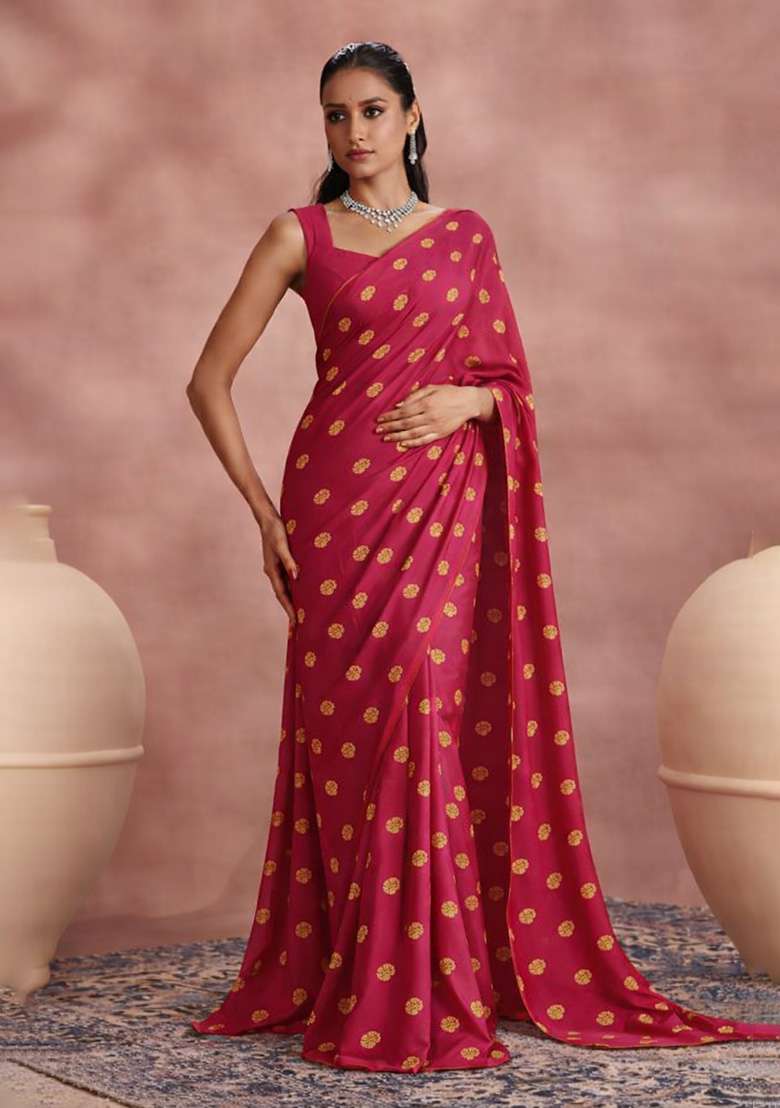 Fuchsia Pink Printed Satin Pre Draped Saree Set - Indya