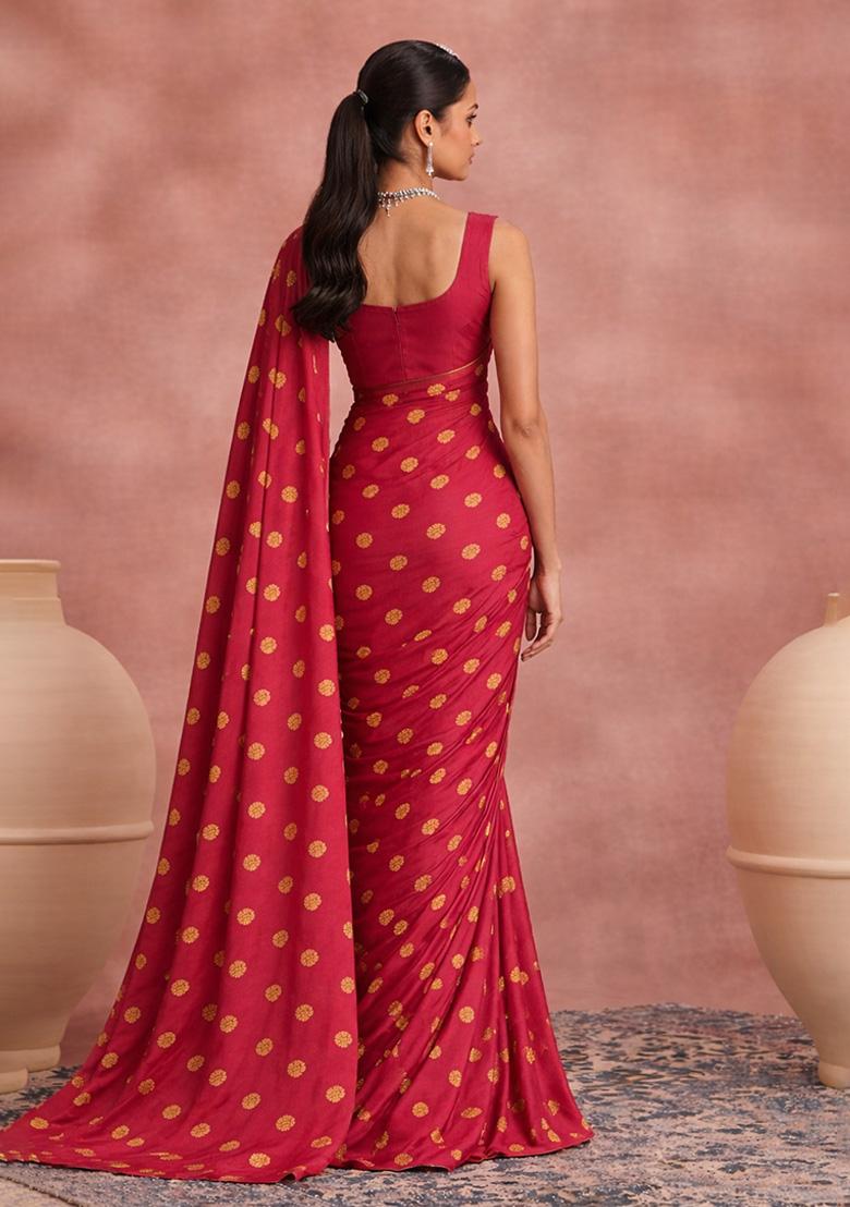 Fuchsia Pink Printed Satin Pre Draped Saree Set - Indya