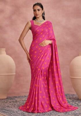 Pink Printed Satin Pre Draped Saree Set