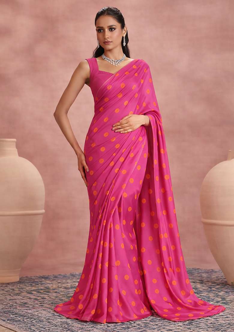 Pink Printed Satin Pre Draped Saree Set - Indya