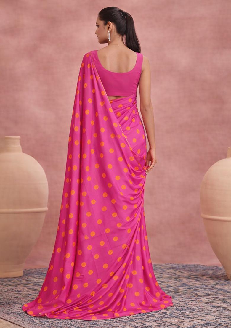 Pink Printed Satin Pre Draped Saree Set - Indya