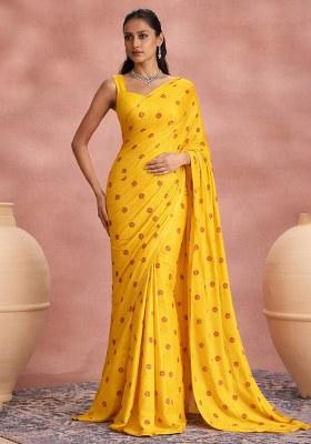Yellow Printed Satin Pre Draped Saree Set