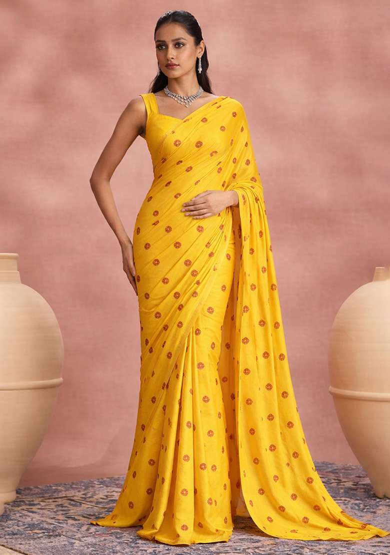 Yellow Printed Satin Pre Draped Saree Set - Indya