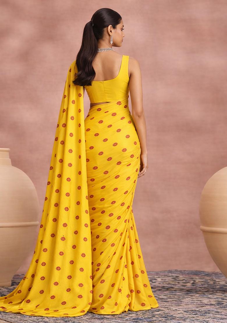 Yellow Printed Satin Pre Draped Saree Set - Indya