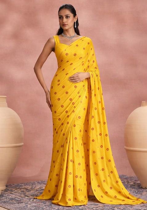 Yellow Printed Satin Pre Draped Saree Set