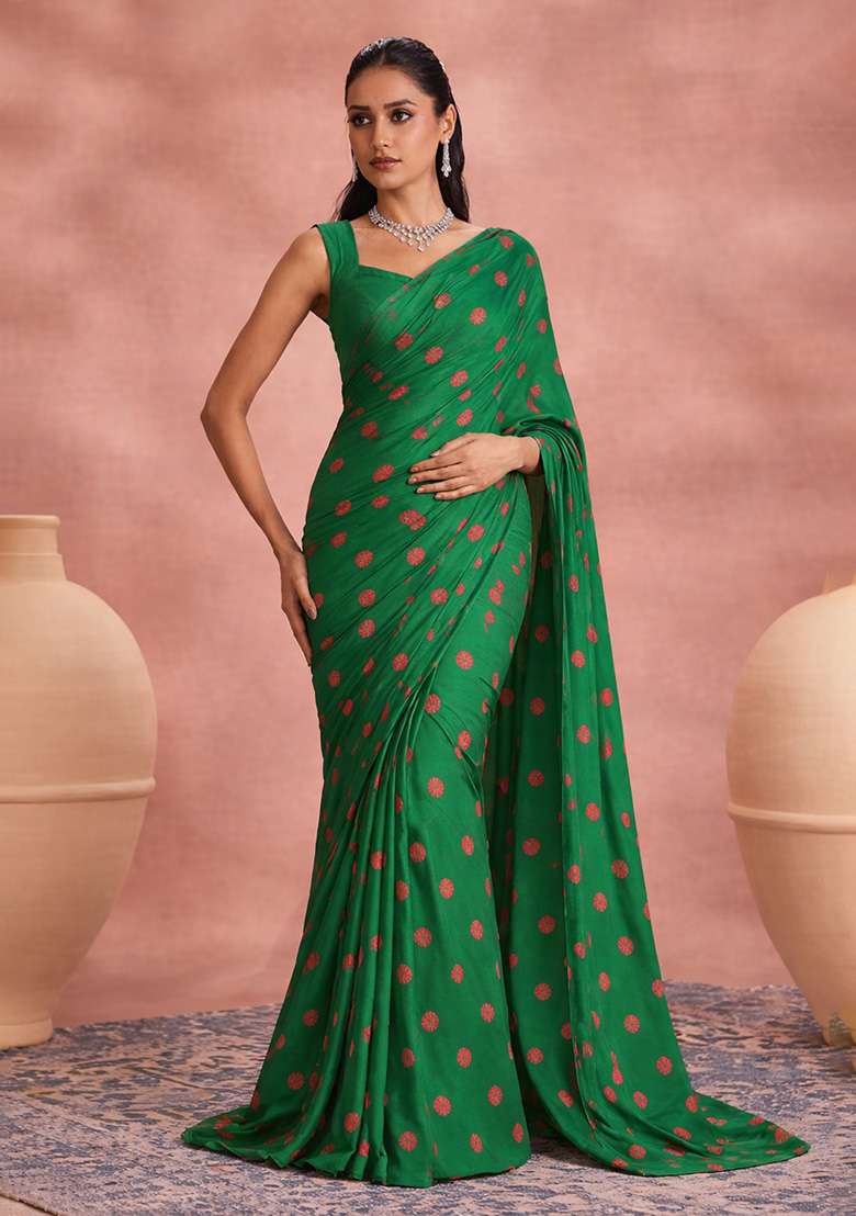 Bottle Green Printed Satin Pre Draped Saree Set - Indya