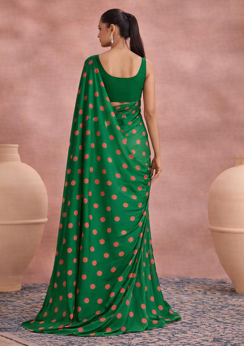 Bottle Green Printed Satin Pre Draped Saree Set - Indya
