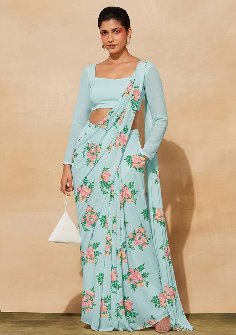 Sky Blue Georgette Pre Draped Saree Set with Floral Print for Diwali | Wedding & Festive Wear - Indya