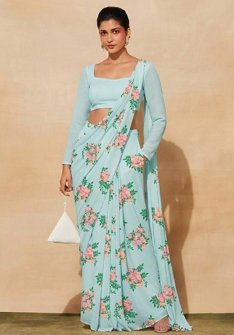 Sky Blue Floral Print Georgette Pre Draped Saree Set