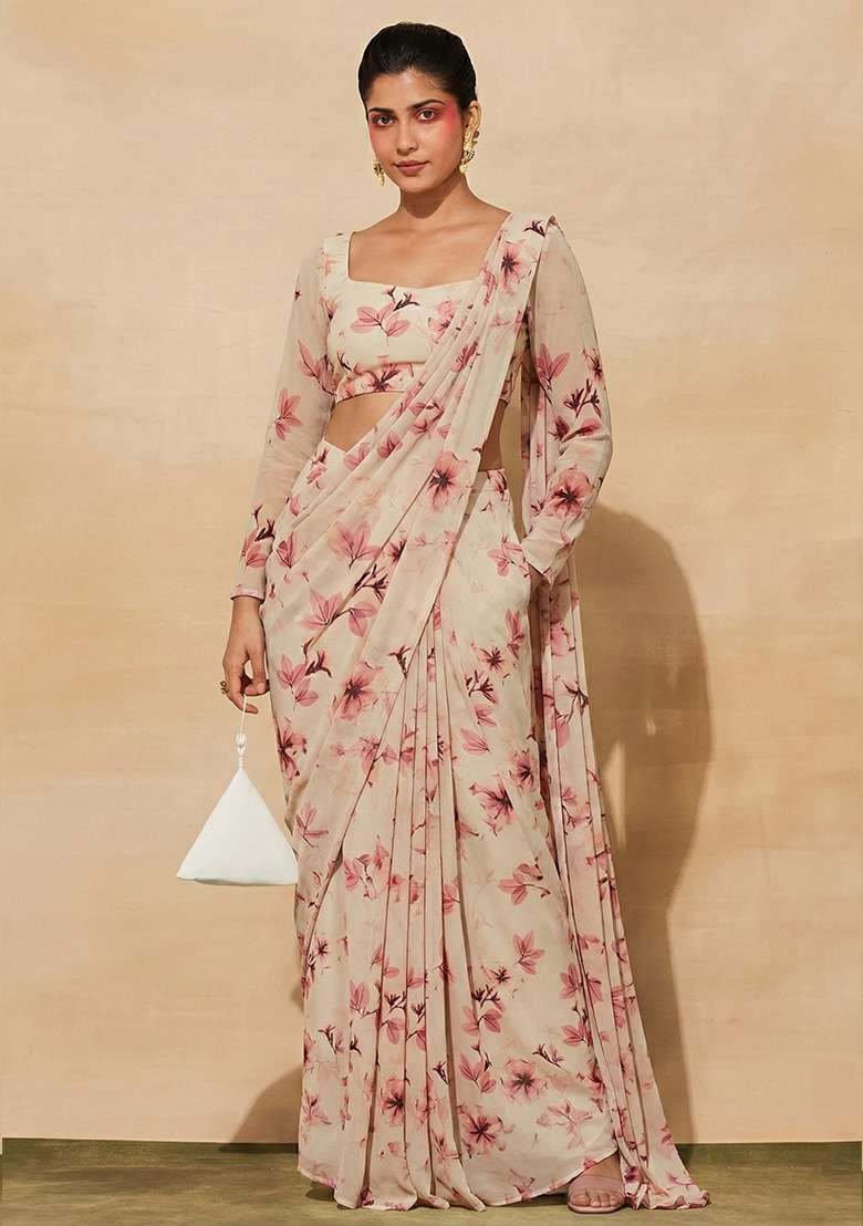 Pink Georgette Pre Draped Saree Set with Floral Print for Diwali | Wedding & Festive Wear - Indya